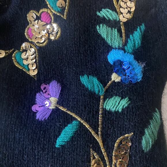 Lauren Cole Petites Vintage 80s Silk Angora Floral Sequin Sweater Small - Picture 5 of 9